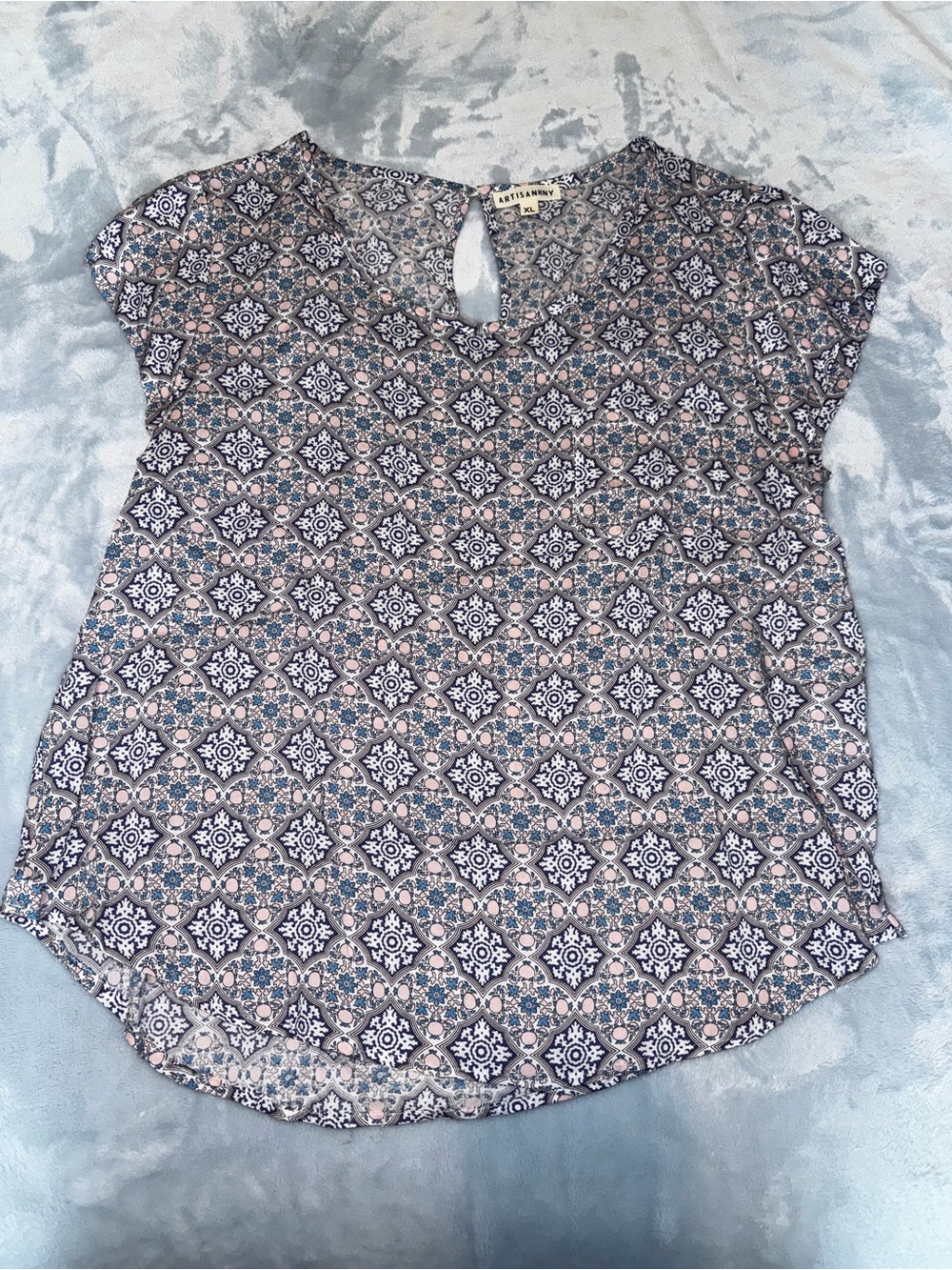 Artisan patterned navy and blush cap sleeve blouse
